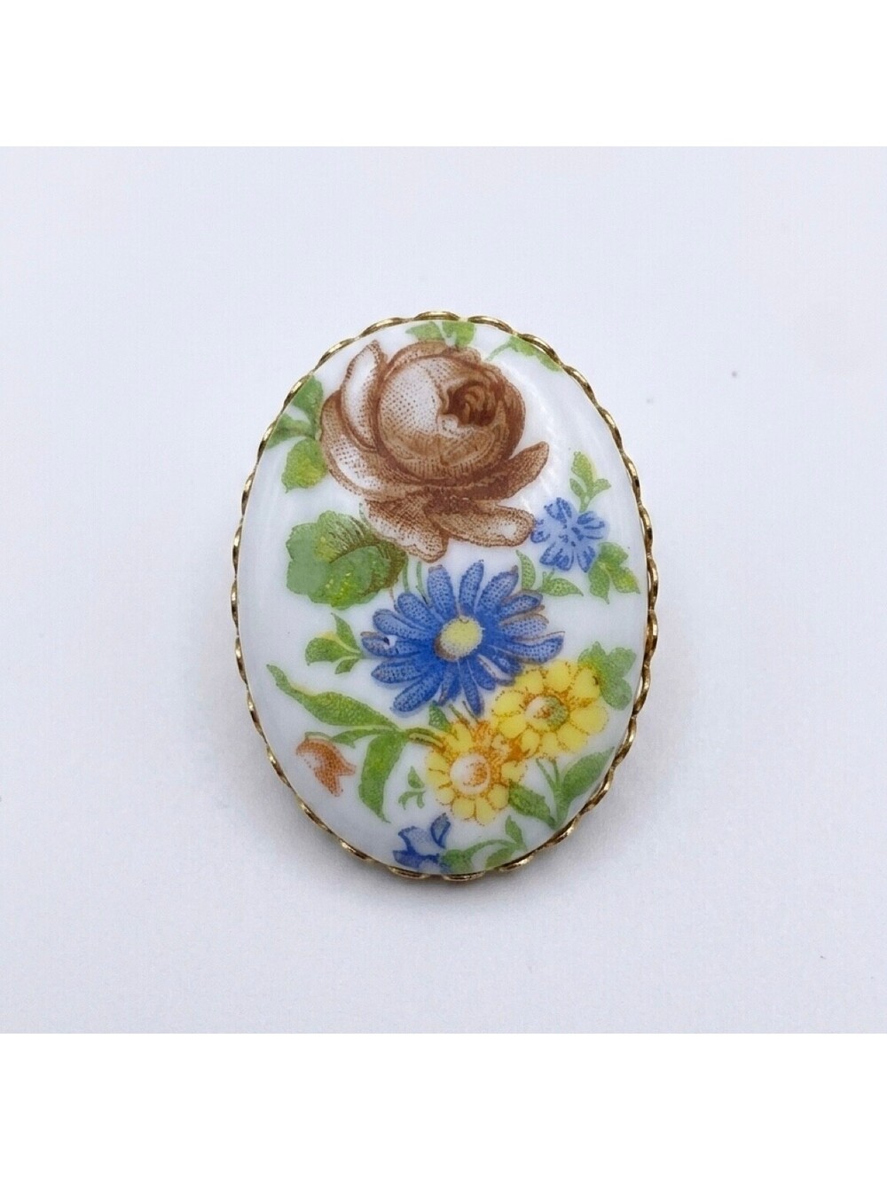 Vintage Porcelain Floral Brooch Brown Rose Blue Flowers Gold Tone Oval Pin
